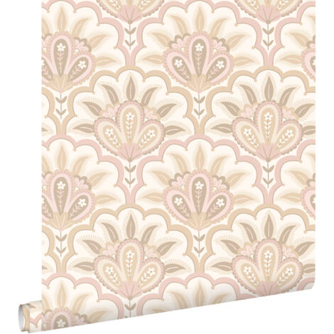 papier peint motif baroque oriental beige et rose  - ESTAhome