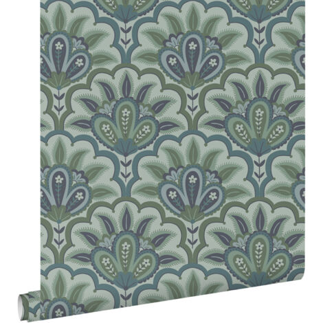 papier peint motif baroque oriental bleu et vert  - ESTAhome