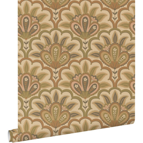 papier peint motif baroque oriental marron  - ESTAhome