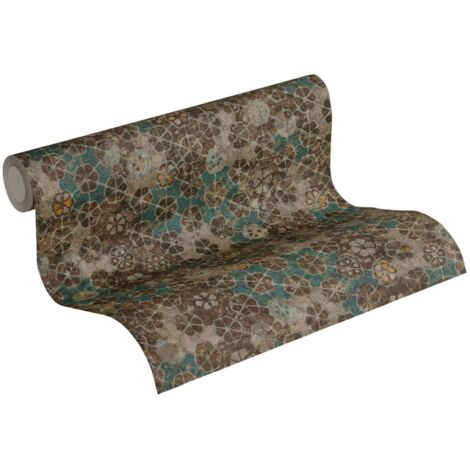 papier peint motif de carrellages marron, couleur sable et bleu  - Livingwalls
