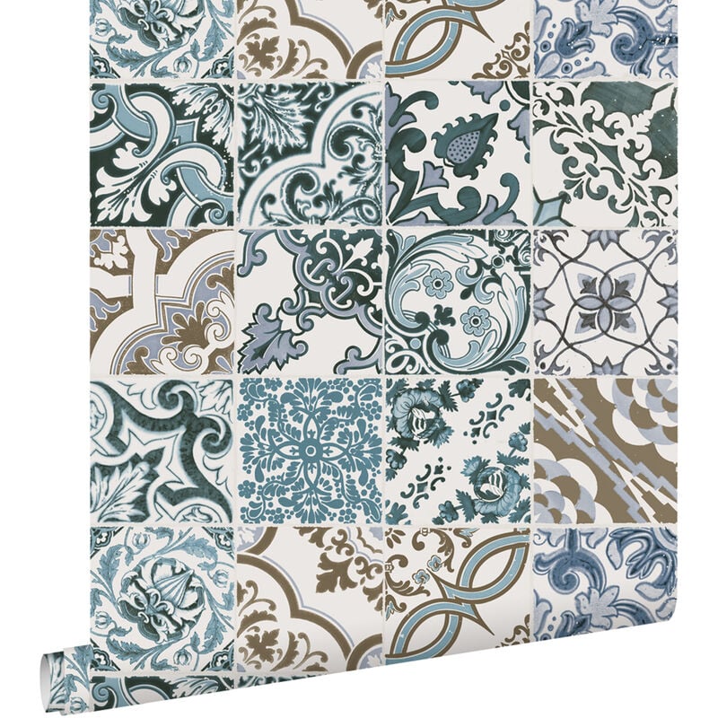 Papier peint carreaux de ciment bleu et beige Estahome