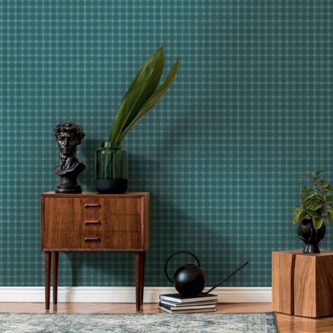 papier peint motif figurativ vert, bleu canard et blanc  - Livingwalls