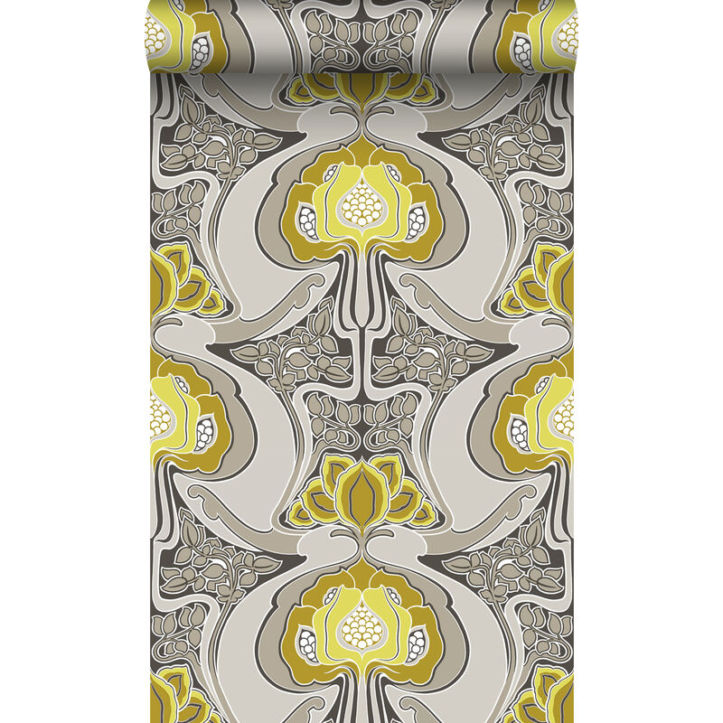 Papier peint motif floral Art Nouveau jaune ocre et gris Origin Wallcoverings
