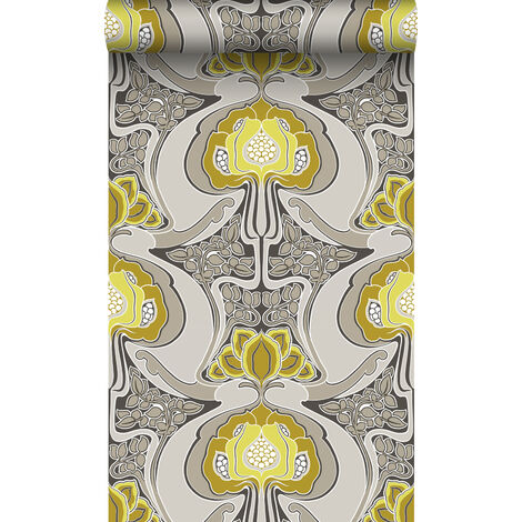 papier peint motif floral Art Nouveau jaune ocre et gris - Origin Wallcoverings