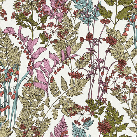 Papier peint motif floral multicolore Tapisserie motif fleur pour salon & chambre Papier peint fleuri fond blanc avec feuille