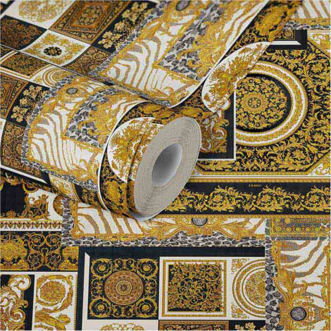 Papier peint motif géométrique doré & noir Tapisserie fleurie baroque pour salon élégant Papiers peints noir & doré pour chambre