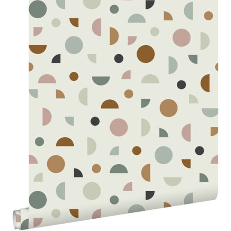 papier peint motif graphique beige clair, vieux rose et vert menthe  - ESTAhome