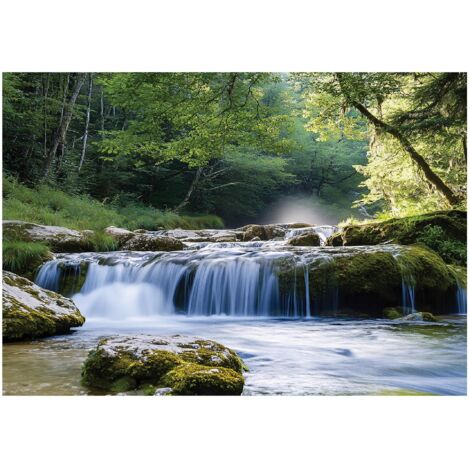 Papier peint mural 3D cascade forêt paysage intissé grand format design intérieur salon chambre pas cher 150x105 cm