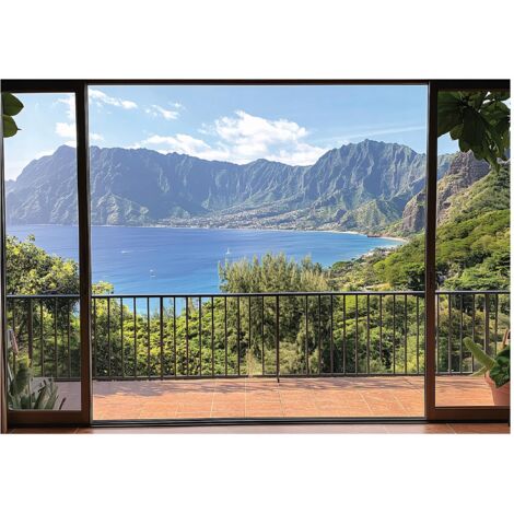 Papier peint mural 3D fenêtre vue mer montagnes intissé grand format design intérieur salon chambre pas cher 300x210 cm
