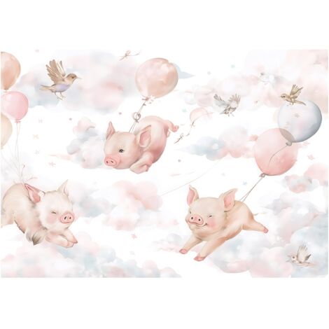 Papier peint mural animaux nuages cochons enfant intissé grand format design intérieur chambre enfant pas cher 150x105 cm