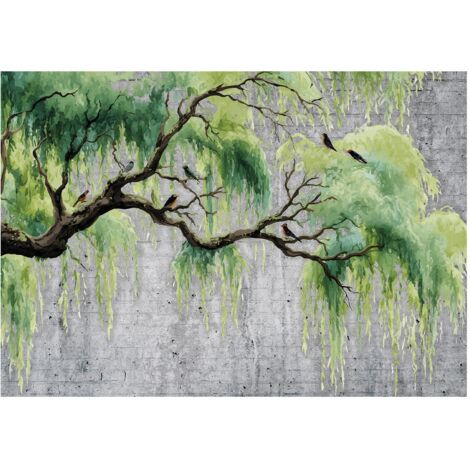 Papier peint mural arbre béton vert intissé grand format design intérieur salon chambre pas cher 300x210 cm
