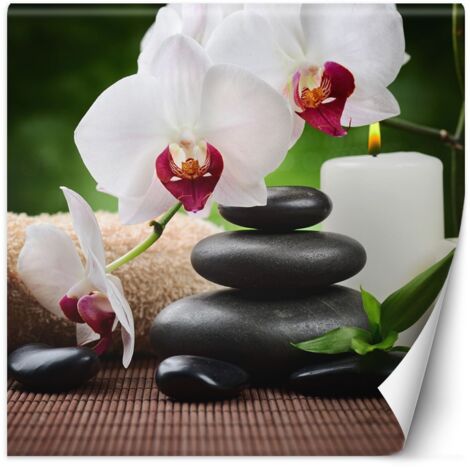 Papier peint mural, Bougie Orchidée et pierres zen dans SPA - 100x100