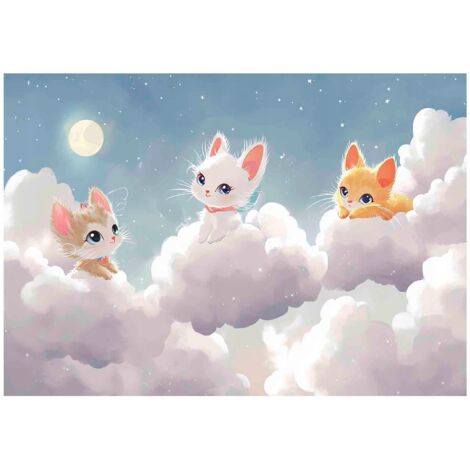 Papier peint mural chats nuages enfant intissé grand format design intérieur chambre enfant pas cher 150x105 cm