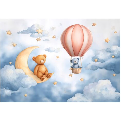 Papier peint mural enfant nuages ballons ours lune intissé grand format design intérieur chambre enfant pas cher 200x140 cm