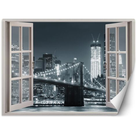 Papier peint mural, Fenêtre New York Brooklyn Bridge noir et blanc - 140x100