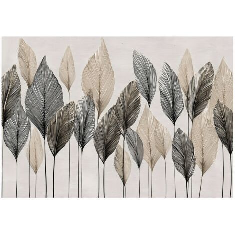 Papier peint mural feuilles abstrait beige boho intissé grand format design intérieur salon chambre pas cher 350x250 cm
