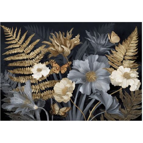 Papier peint mural feuilles fleurs doré intissé grand format design intérieur salon chambre pas cher 200x140 cm