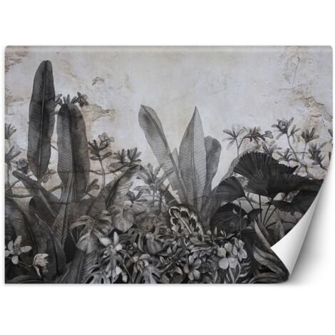Papier peint mural, Feuilles tropicales noires et blanches sur fond béton - 150x105