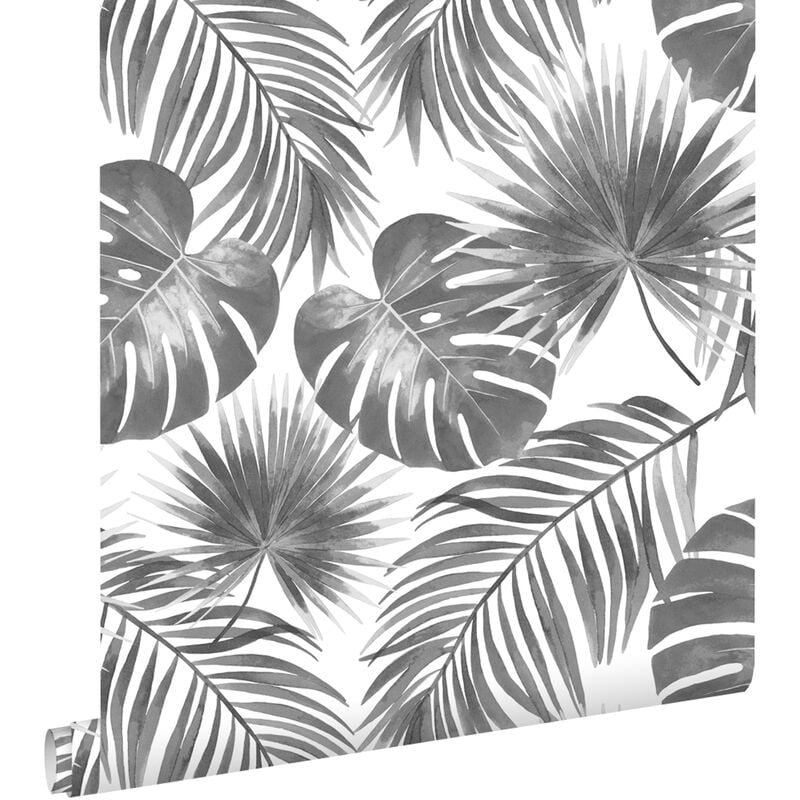 Estahome - papier peint feuilles tropicales noir et blanc