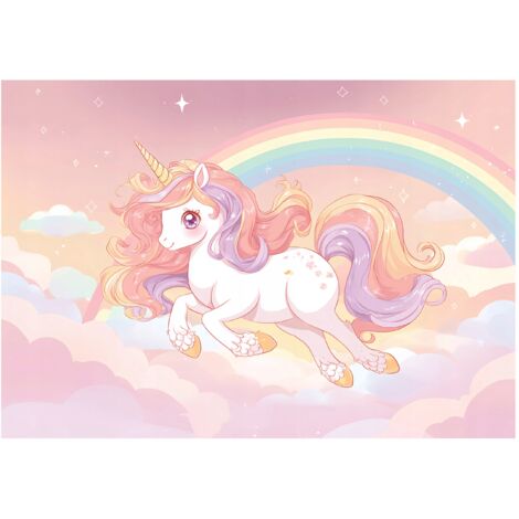 Papier peint mural fille licorne arc-en-ciel intissé grand format design intérieur chambre enfant pas cher 250x175 cm