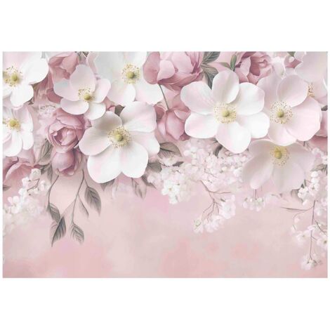Papier peint mural fleurs suspendues rose béton intissé grand format design intérieur salon chambre pas cher 350x250 cm