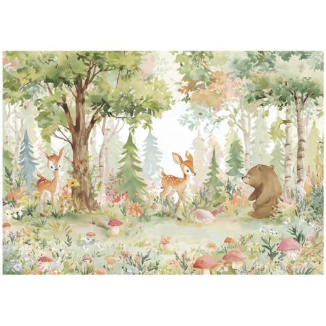 Papier peint mural forêt animaux enfant intissé grand format design intérieur chambre enfant pas cher 150x105 cm