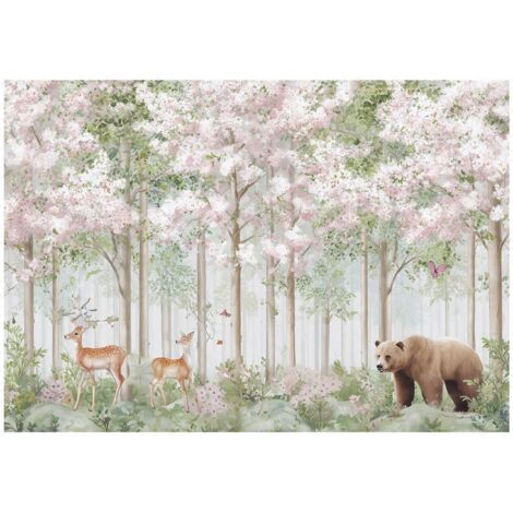 Papier peint mural forêt arbres biches enfant intissé grand format design intérieur chambre enfant pas cher 200x140 cm