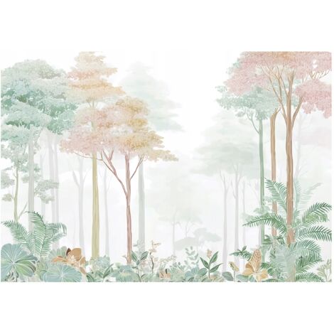 Papier peint mural forêt arbres vert pastel intissé grand format design intérieur salon chambre pas cher 400x280 cm