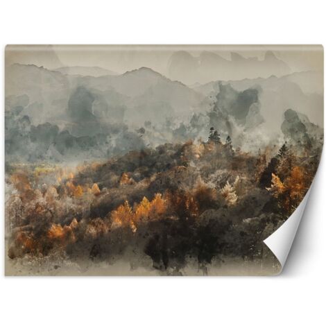 Papier peint mural, Forêt d'automne dans le brouillard, abstraction aquarelle - 100x70