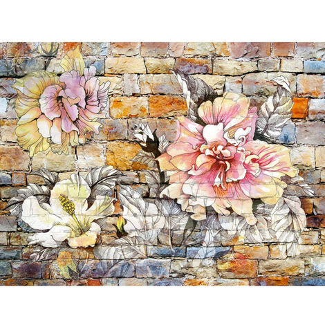 Papier peint mural intisse Fleurs dessinées sur un mur 360x270 cm - Multicolor