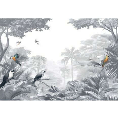 Papier peint mural jungle oiseaux forêt perroquets intissé grand format design intérieur salon chambre pas cher 150x105 cm