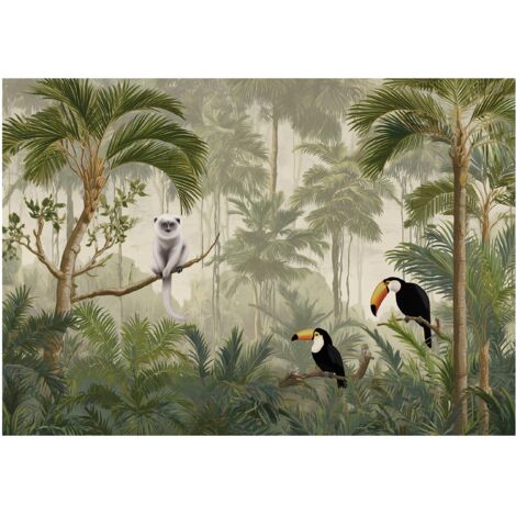 Papier peint mural jungle oiseaux palmiers enfant intissé grand format design intérieur chambre enfant pas cher 200x140 cm