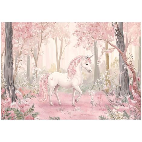 Papier peint mural licorne forêt fille intissé grand format design intérieur chambre enfant pas cher 250x175 cm