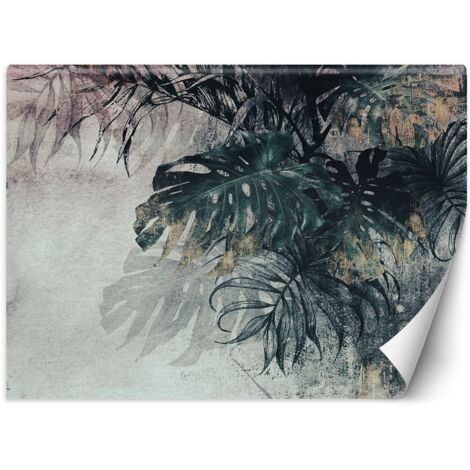 Papier peint mural, Monstera 3D Feuilles Vert Or - 350x245