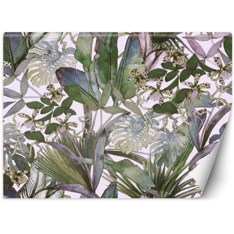 Papier peint mural, Monstera et feuilles tropicales aux pastels - 100x70