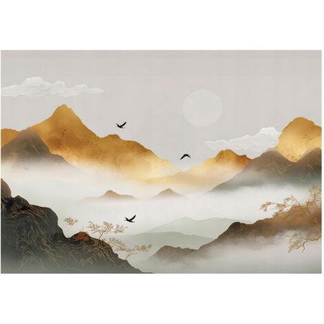 Papier peint mural montagnes paysage boho beige intissé grand format design intérieur salon chambre pas cher 350x250 cm
