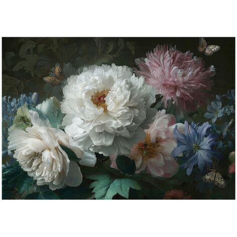 Papier peint mural pivoines fond noir intissé grand format design intérieur salon chambre pas cher 150x105 cm