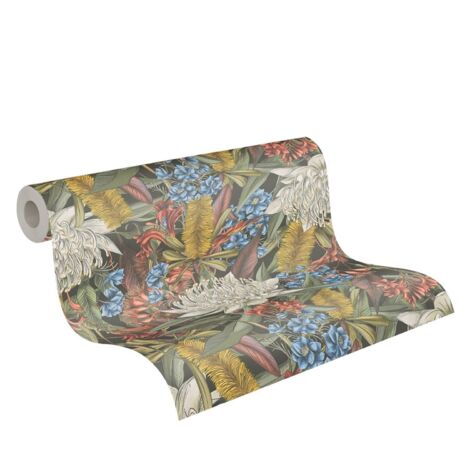 Papier peint nature coloré blanc, bleu, jaune, rouge Tapisserie fond vert foncé style tropical Papier peint intissé idéal salon