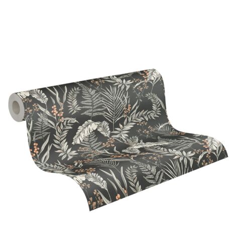Papier peint nature feuillage sur fond noir Tapisserie à motif floral blanche idéale pour chambre Papier peint à fleurs orange pour couloir