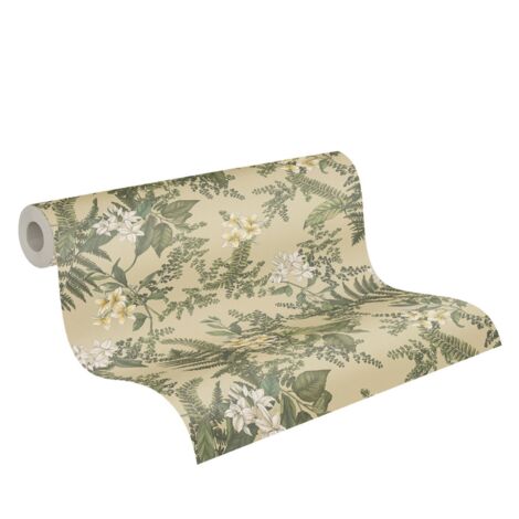 Papier peint nature floral beige, vert, et jaune Tapisserie fleurie idéale pour bureau Papier peint intissé botanique pour chambre et couloir