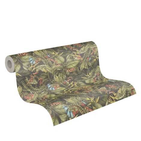 Papier peint nature floral vert, bleu, et orange Tapisserie style tropical jungle pour chambre Papier peint plantes idéal salon