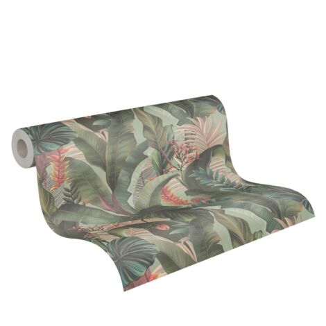 Papier peint nature fond vert clair Tapisserie feuillages plantes roses et rouges Papier peint floral style tropical idéal chambre et salon