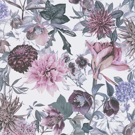 Papier peint nature mauve et rose Tapisserie florale style botanique Papier peint fleuri cottage idéal pour couloir