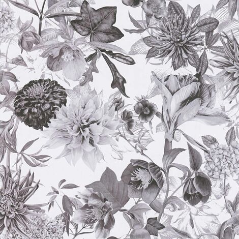 Papier peint nature noir et blanc Tapisserie florale vintage style botanique Papier peint fleuri cottage idéal pour salon