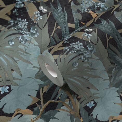 Papier peint nature noir et vert Tapisserie feuillage tropical Papier peint à fleurs bleues style jungle idéal pour chambre