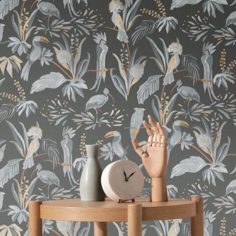 Papier peint nature noir, gris, orange Tapisserie animale et florale Papier peint style tropical exotique idéal pour couloir