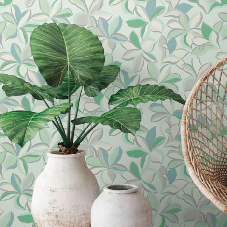 Papier peint nature sur fond vert pâle Tapisserie florale beige et verte Papier peint style botanique idéal pour chambre