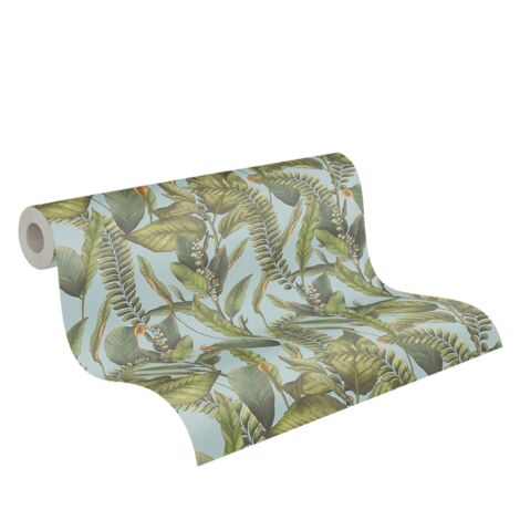 Papier peint nature Tapisserie à fleurs style tropical jungle Papier peint feuillage vert sur fond bleu clair idéal couloir et chambre