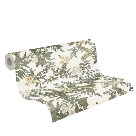 Papier peint nature vert et jaune sur fond blanc Tapisserie florale botanique pour couloir Papier peint intissé idéal bureau et chambre