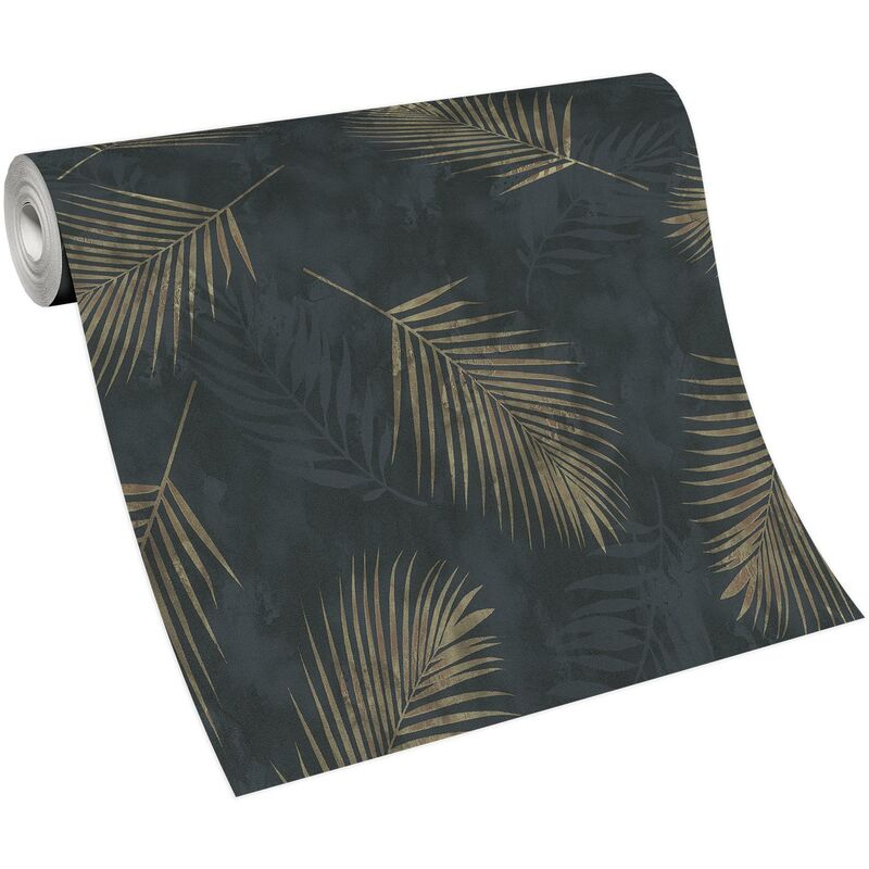 Papier peint noir & or feuille exotique | Tapisserie noir & or motif feuille moderne | Papier peint tendance intissé surface vinyle